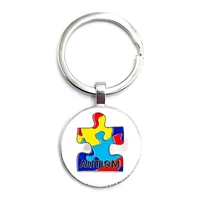 2020 new arrival puzzle piece love heart keychain autism awareness colorful puzzle glass cabochon key ring family gift