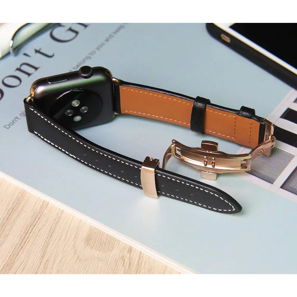 

Italy Genuine Leather loop band for Apple Watch 44mm 40mm 38/42mm iWatch Series 6 SE 5 4 3 2 Bracelet Butterfly Clasp Strap Belt