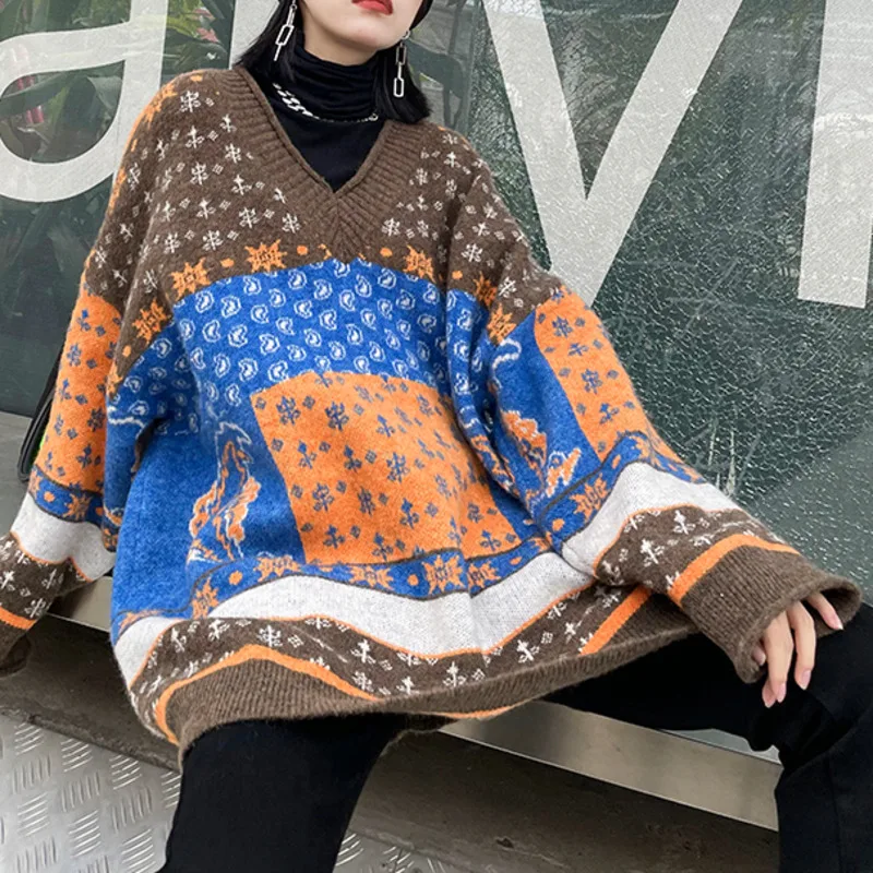 

XUXI Women Pullover Sweater Streetwear Loose Long Sleeves Knitting Long Sweater Autumn Winter 2021 E3258