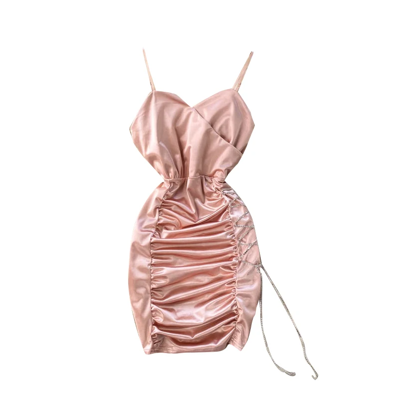 

Women Off Shoulder Strap Dress Korean V Neck Sleeveless Chain Slim Dresses Summer Sexy Backless Ruched Short Dress