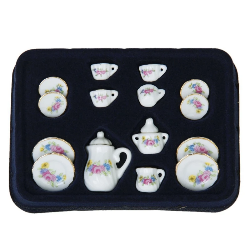 

15 Piece Miniature Dollhouse Dinnerware Porcelain Tea Set Tableware Mug Plate with Floral Pattern