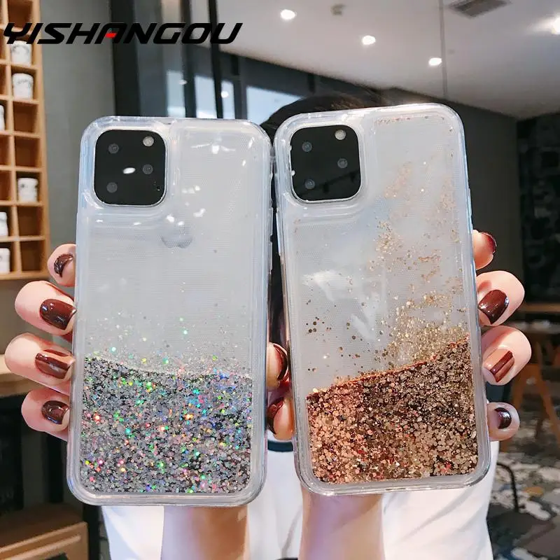 

YISHANGOU Bling Liquid Quicksand Phone Case For iPhone 12 Mini 11 Pro Max SE 2020 7 8 XS XR Shiny Stars PC+ TPU Glitter Cover