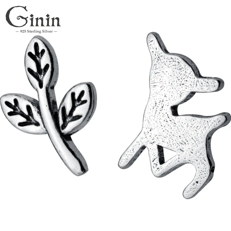 

Ginin 925 Sterling Silver Stud Earrings for Women Korean Style Fresh Elk Pattern Asymmetric Leaves Animal Small Ear Accessories