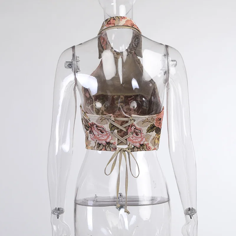 

2021 New Floral Beach Party Sexy Bustiers Women Backless Bandage French Vintage Halter Crop Top Sexy Corset Tops To Wear Out