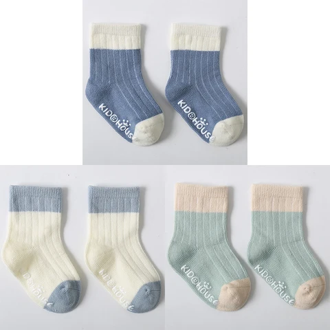 Носки хлопковые нескользящие, однотонные, полосатые, на возраст 0-36 месяцев, 3 пары/Лот