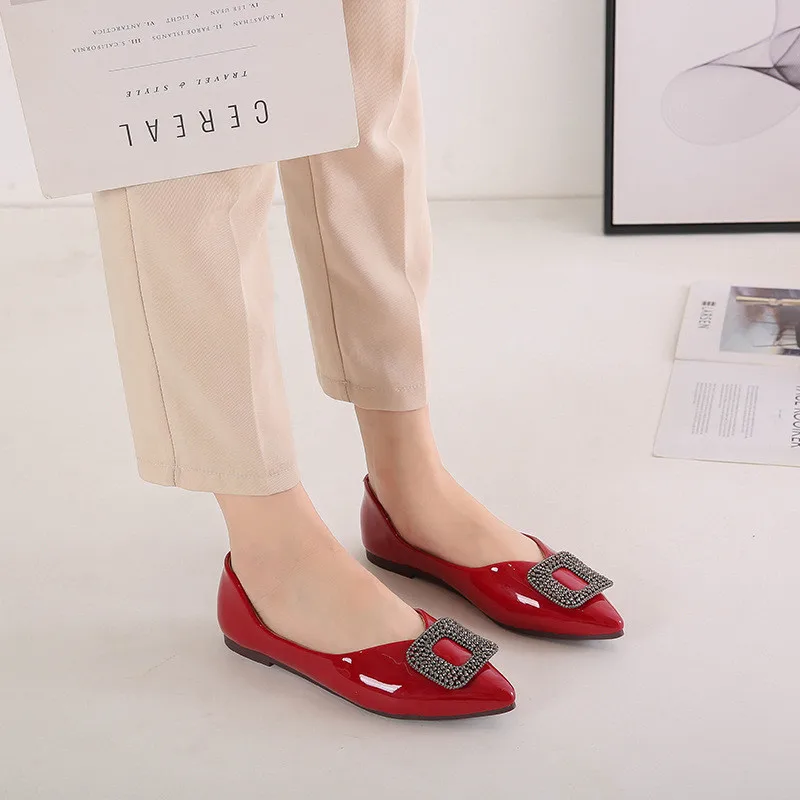 

TIMETANG Flat Loafers Women Shoes Rhinestones Buckles Flats Lady Slip On Shallow Shoes Pointed Toe Patent Leather Footwear Plus