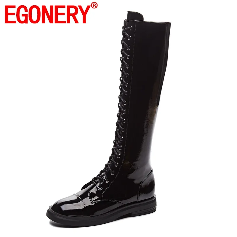Online EGONERY Kulit Sepatu Bot Setinggi Lutut Sepatu Wanita Fashion Musim Gugur Musim Dingin Biru Beige Black Lace-Up Sepatu Berkuda 34-39CN Drop Pengiriman
