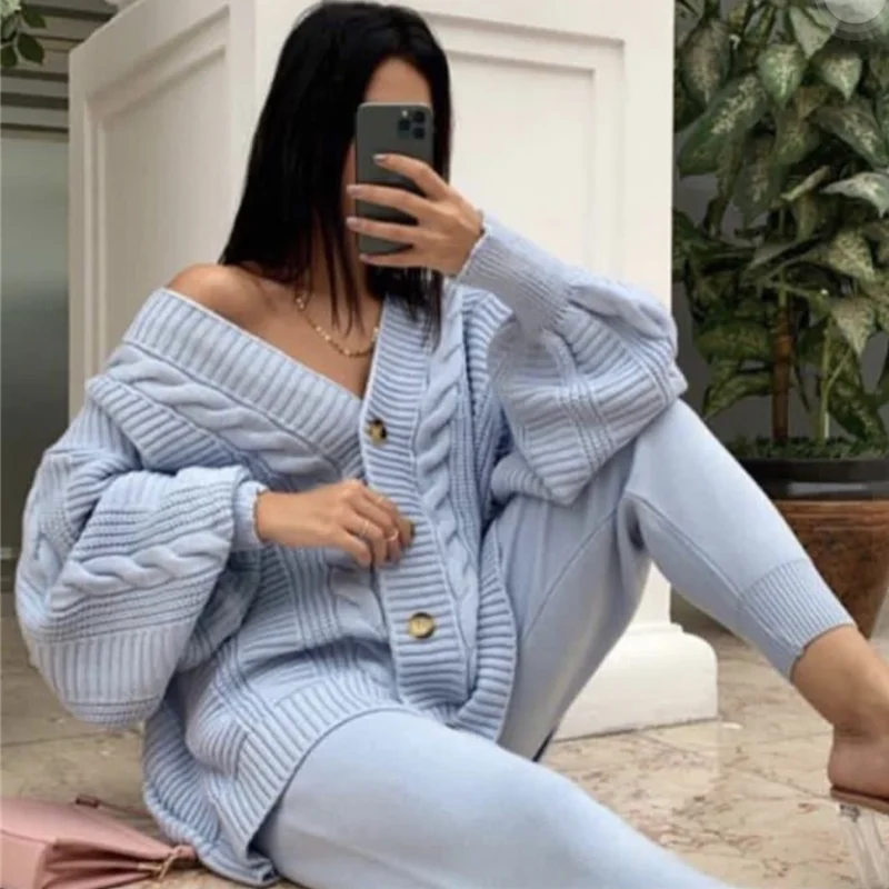 

Women Elegant Knitted Two Piece Sets Autumn Winter Loose Oversize Cardigan Sweater and Slim Pants Outfits Woman Streetwear Suits