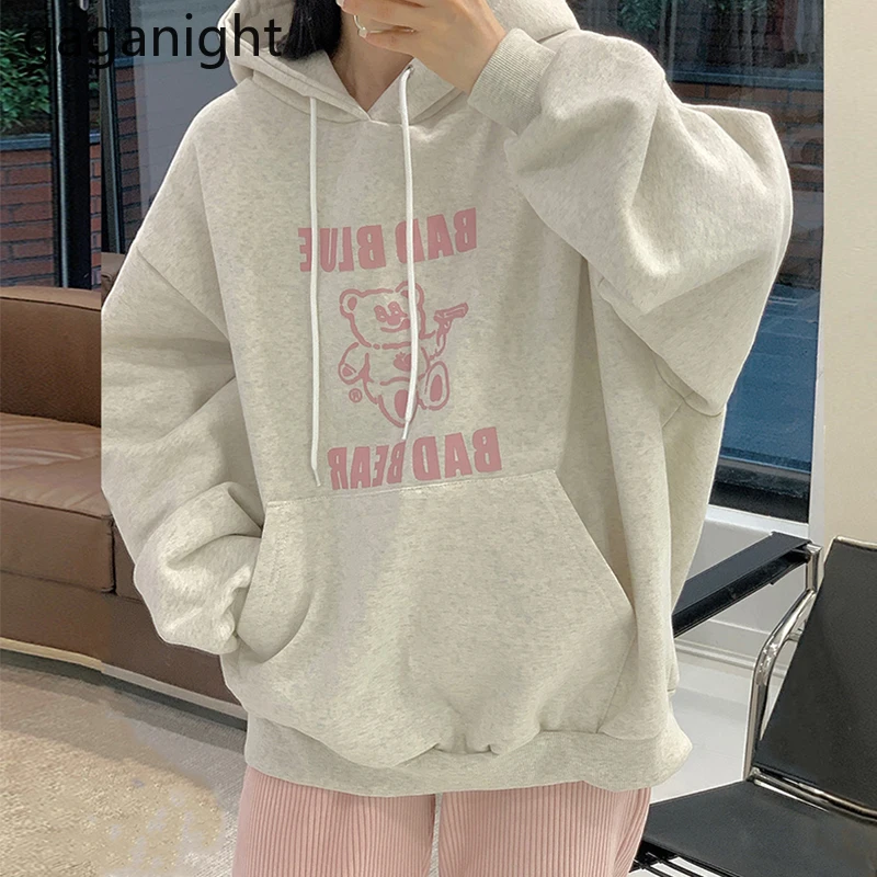 

Gaganight, женский свободный свитер с капюшоном с мультяшным медведем, модель 2021 года, Осень-зима, корейские прямые повседневные брюки с высокой ...