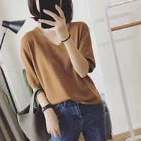 autumn women simple vneck knitting tops solid loose pullover tshirt solid color sleeves casual tops bottoming shirt high quality