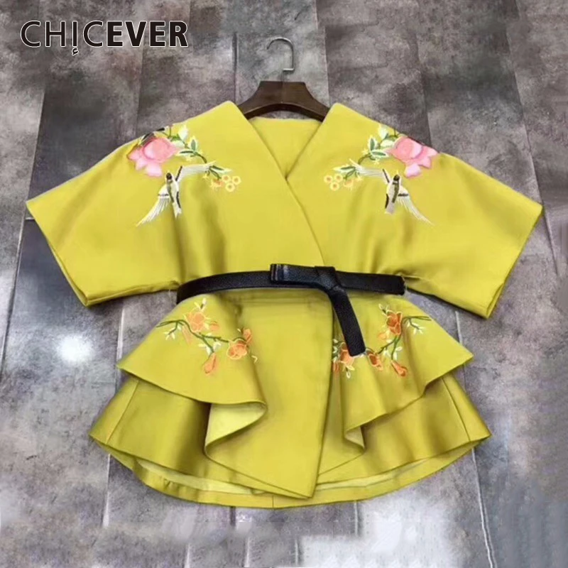 CHICEVER Повседневная Женская куртка с вышивкой v образный вырез короткий рукав