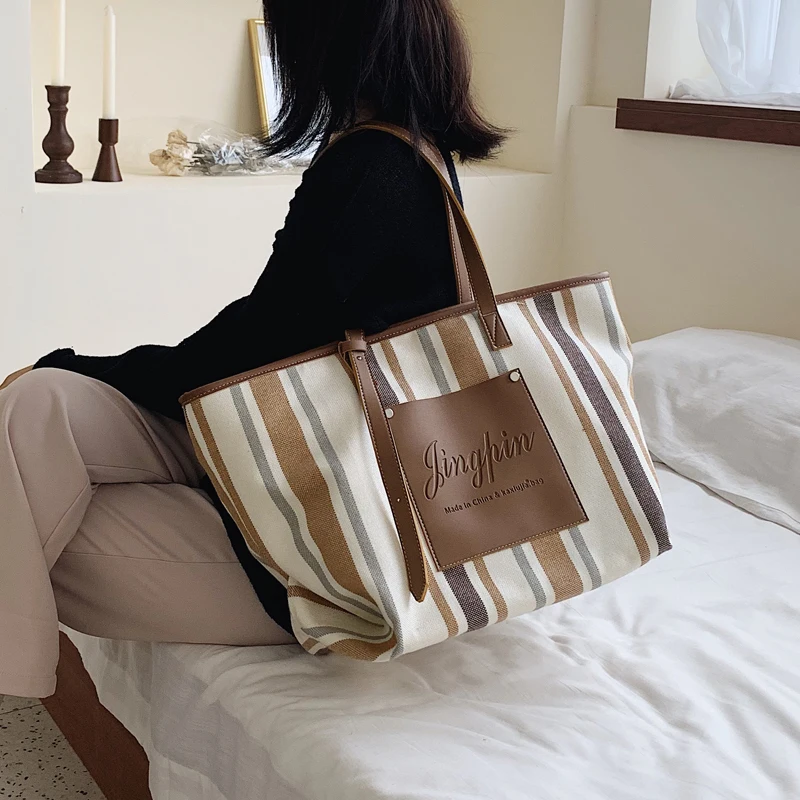 Новые женские холщовые сумки тоуты модные полосатые тканевые женская большая