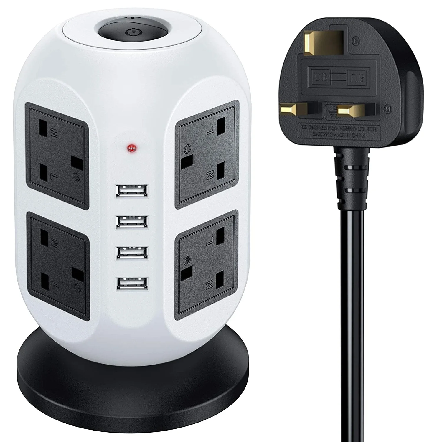 

Tower Power Strip Vertical UK Plug Socket Outlets 8 way AC Multi Electrical Sockets with 4 USB Surge Protector 3m Extension Cord