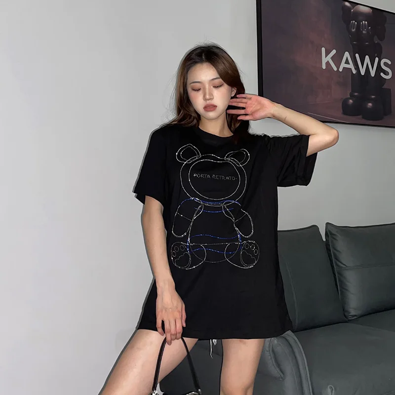

Summer new Fashion Creativity pattern Hot diamonds short-sleeve Mid-length T-shirts women Loose Casual black long tops female