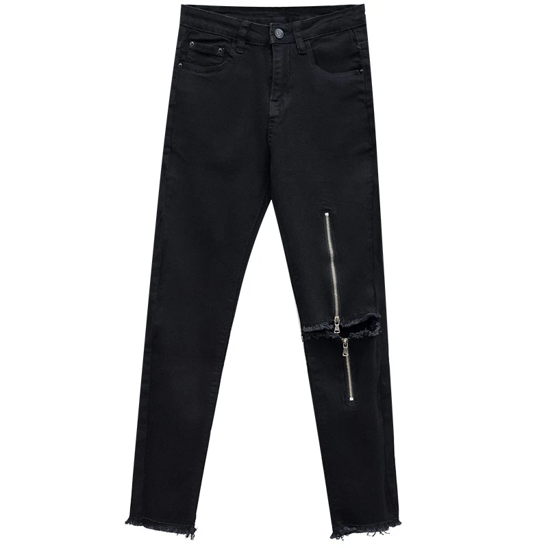 

Female Slim Pencil Pant Plus Size Trousers Zipper Hole Ripped Jeans Sexy Women Denim Vintage High Elastic Waist Casual Pants