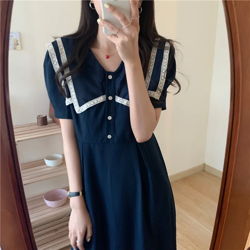 

COIGARSAM Patchwork Women dress Solid Dresses Navy 9062