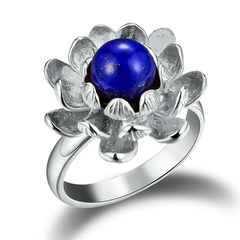 

Lotus Fun Real 925 Sterling Silver Natural Blue Lapiz Handmade Designer Fine Jewelry Blooming Lotus Flower Female Rings Bijoux