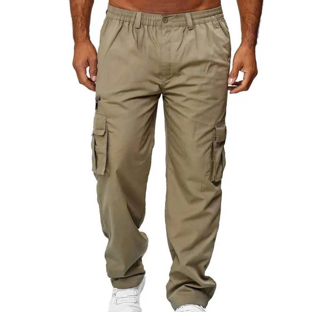 

2021 Autumn Trousers Men Pants Solid Color Multi Pockets Straight Elastic Waist Mid Waist Cargo Pants for Men Daily Wear