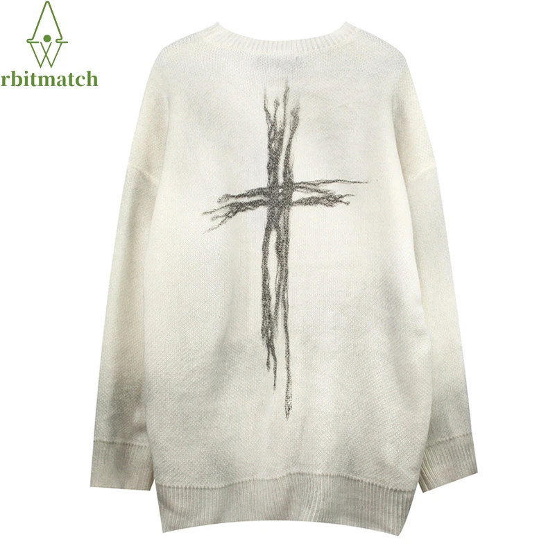 

Oversized Dark Distressed Cross Print Sweater 2021 Autumn Streetwear Harajuku Vintage Sweater Unisex Cotton Pullover Knitwear