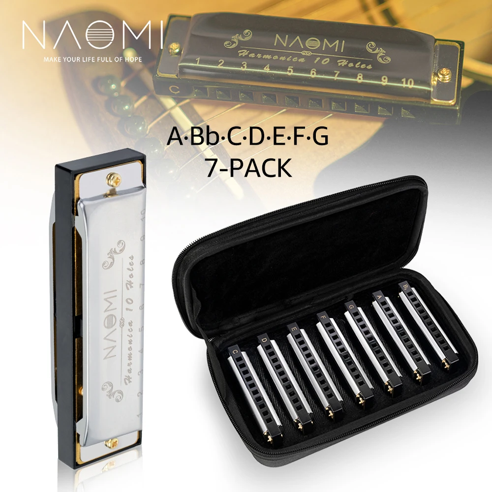 

NAOMI New Sealed 7pcs Harmonicas Blues Band Harmonica Set (C, D, E, F, G, A, Bb Keys) 10 Holes with Padded Carrying Bag