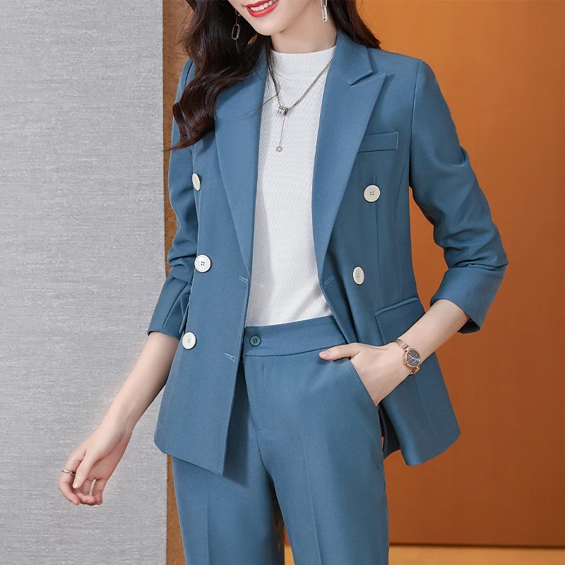 Women's jacket Fashion Double Breasted Basic Blue Coat OL Styles Fall Winter Blazers for Women Business Work Blaser Outwear Tops