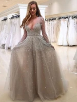 2021 new gray v neck arabic prom dresses long sleeves sequined beads sexy evening party gowns vestidos de noiva customed