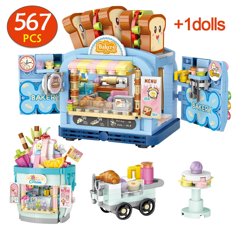 

567pcs Mini City Street View Ice Cream Store Building Blocks Friends DIY Architecture Bakery Shop Figures Bricks Toys For Girls