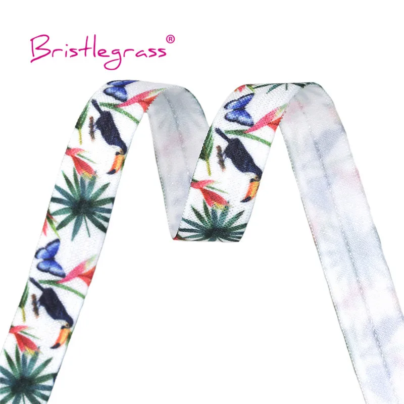 

BRISTLEGRASS 2 5 Yard 5/8" 15mm Tropical Bird Palm Leaf Print FOE Foldover Elastic Spandex Satin Band Hair Tie Dress Sewing Trim