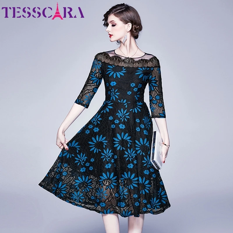 TESSCARA Women Summer Elegant Lace Dress Festa Female Wedding Cocktail Party Robe High Quality Vintage Designer Mesh Vestidos | Женская
