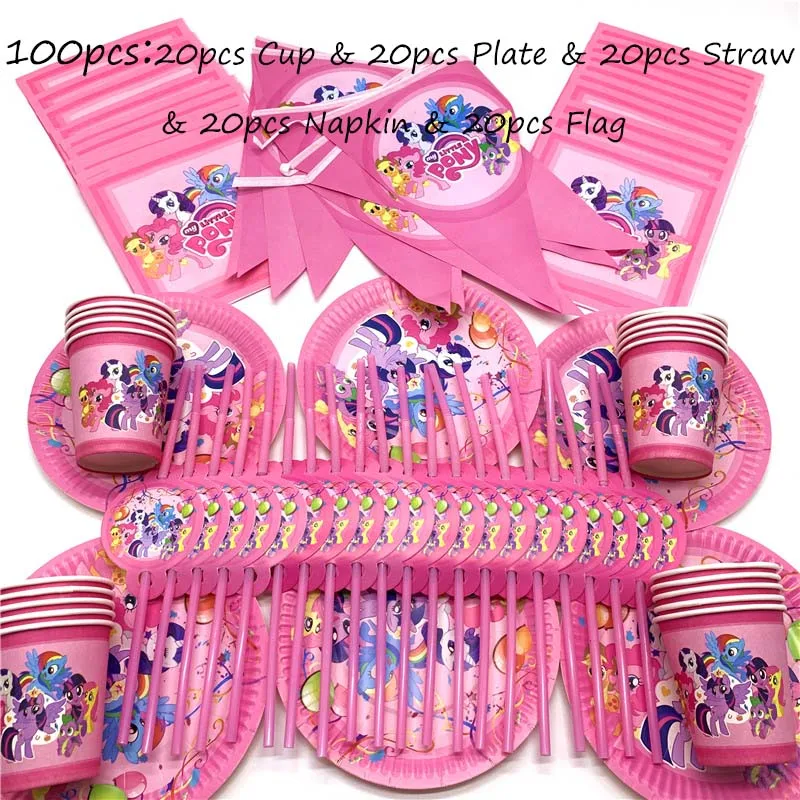BeiPanXiQiZhi-100pcs 61 шт./лот, одноразовые столовые приборы в стиле My Little Pony, кружки, тарелки, салфетки, детские скатерти для украшения дня рождения - Цвет: BeiPanXiQiZhi-100pcs