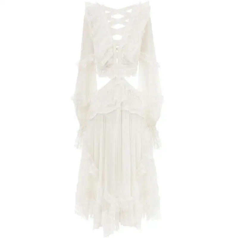 

Cheap New Ruffled White Long Sleeve Sexy Women Dress Cut Out Waist Tied Back Tiered Party Dress Elegant 2021 Summer Dress
