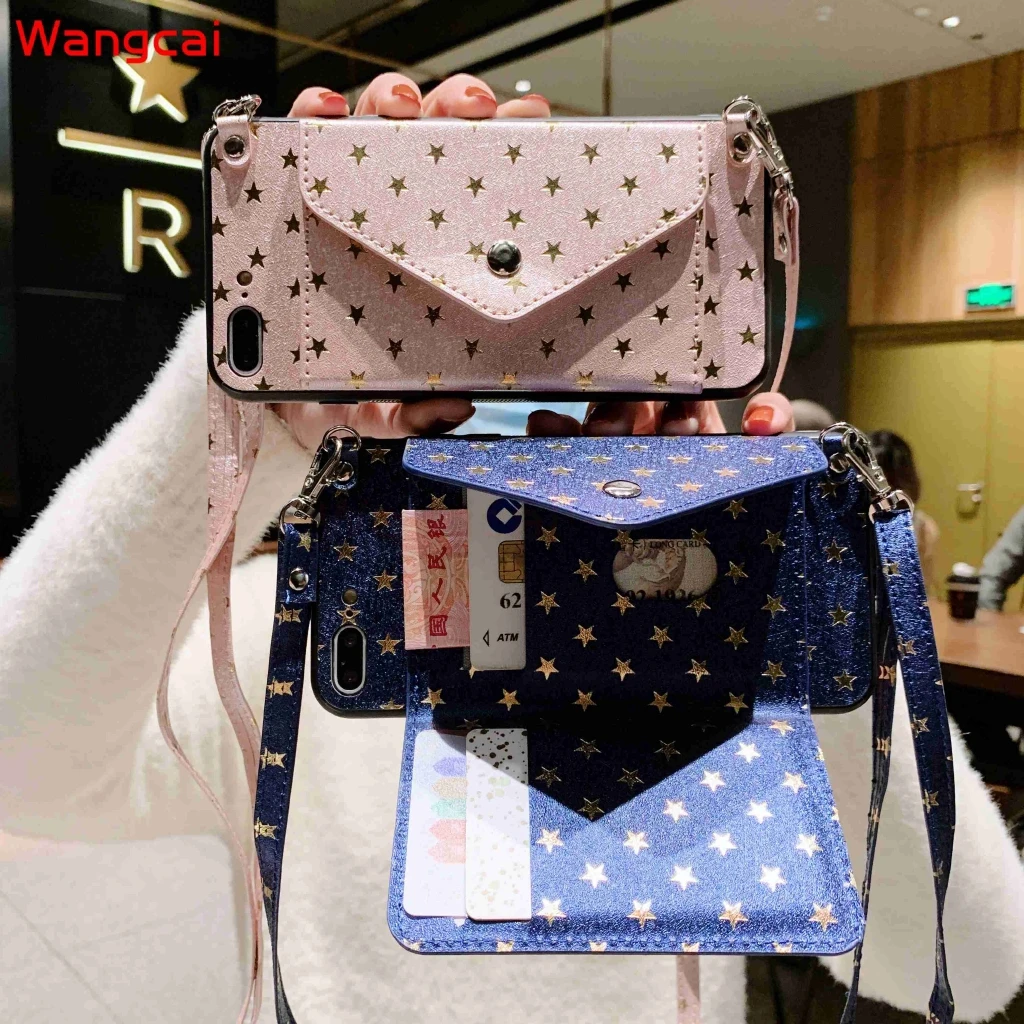 Чехол-кошелек Star Wallet Card Purse Glitter Lanyard Holder Cover для Vivo Y20 Y20i Y20S Y12S Y20d V19 Y17 Y15 Y13 Y12 Y11 Y19 Z1 Pro.