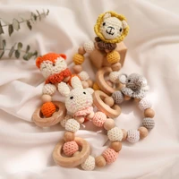 1pcs wooden teether rabbit crochet animal wood crafts ring engraved bead baby teether wooden toys for baby rattle bracelet gifts