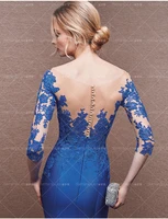 2019 new boat neck vestido de festa custom formal gown blue lace appliques mermaid with half sleeve mother of the bride dresses