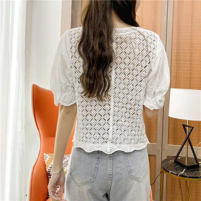 

Crochet Lace Women's Blouses New 2021 Summer Embroidery Shirts Short Sleeve Blouse Women Single-Breasted Cardigan Tops