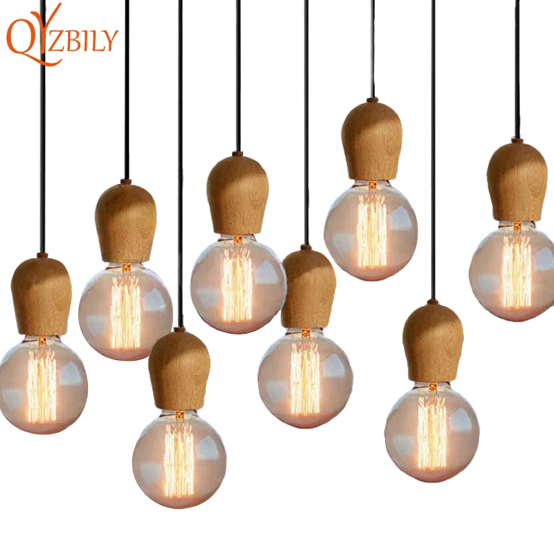 Скандинавские Ретро подвесные светильники из дубового дерева E27 черный провод