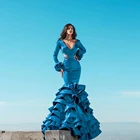 Женское атласное платье с юбкой-годе, синее платье с длинным рукавом, V-образным вырезом, оборками и вышивкой бисером, пышное платье для выпускного вечера