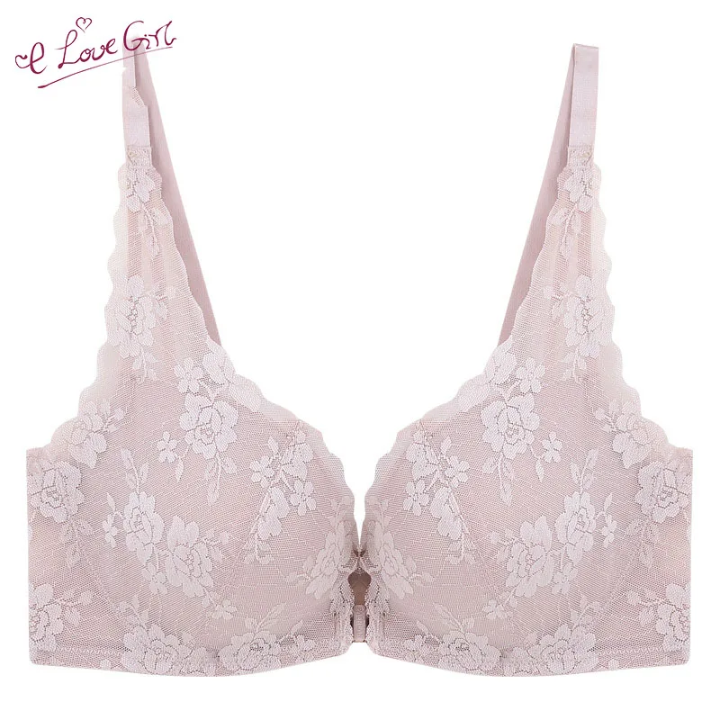 

E lovegirl Front Closure Deep V Sexy Seamless Bra Lace Floral Breasts Push Up Black Underwear Women Khaki Green Red Pink