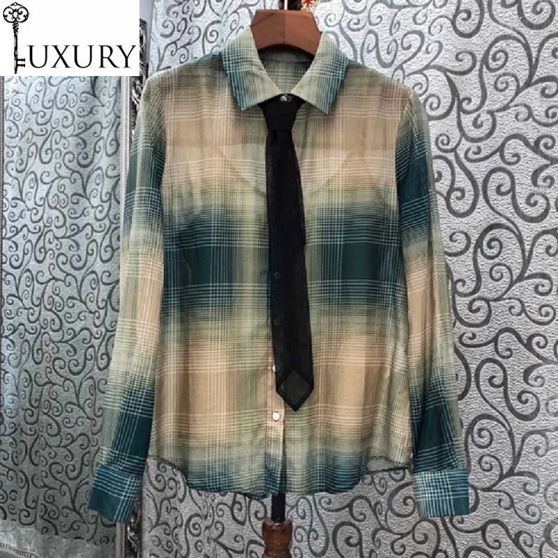 Fashion 2020 Style Autumn Blouse Shirt Women Turn-down Collar Vintage Gradient Color Print Long Sleeve Silk Cotton Shirts Ladies