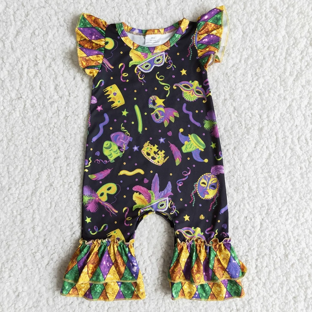 

RTS Baby Girls Romper Mardi Gras Wear Infant Kids Flutter Sleeve Ruffle Style Feather Purple Green Yellow Print Children Clothes