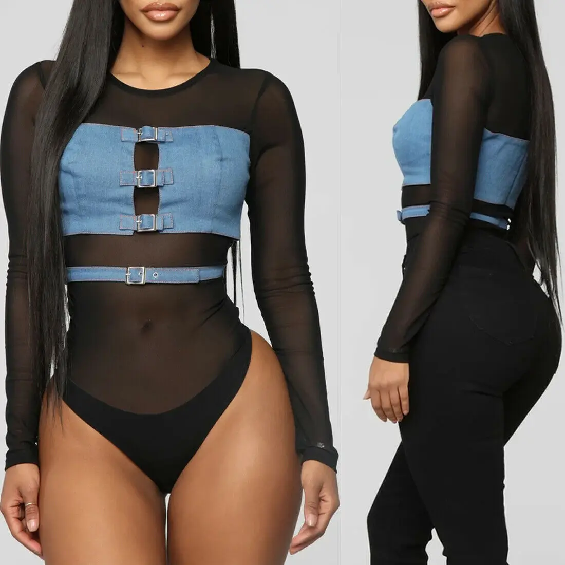 2019 Модный женский джинсовый комбинезон с длинным рукавом для девушек стрейчевый