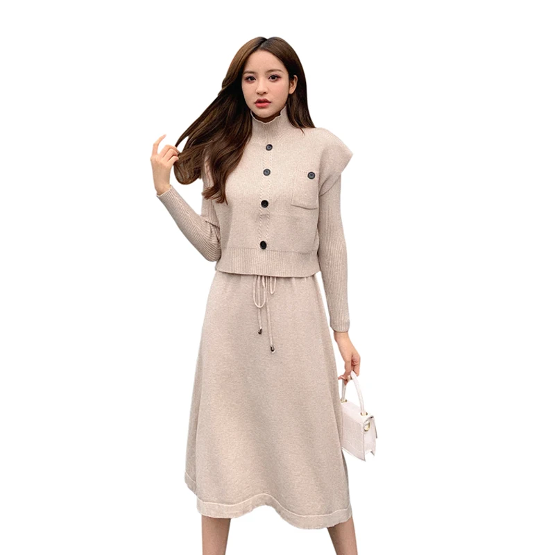 

New Elegant Women Autumn Winter Two-Piece Suit Lady Sweater Dress