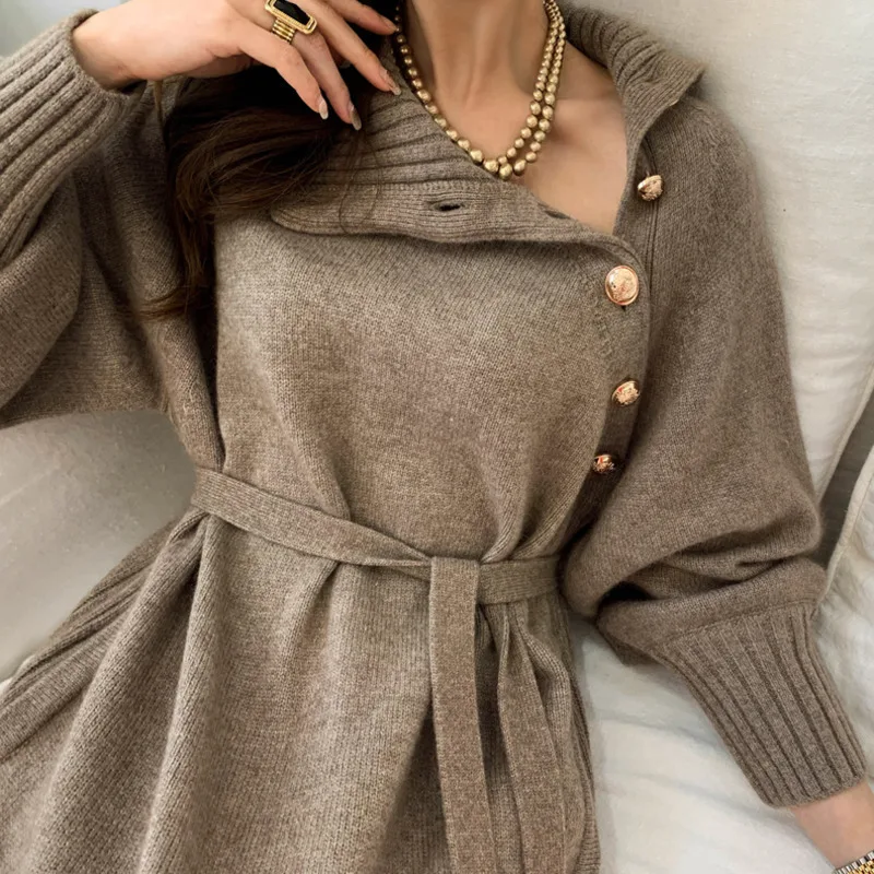 

Autumn Winter Chic Turtleneck Buttons Knitted Slim Maxi Dress Elegant Loose Full Sleeve Long Sweater Strappy Dress 2021 Vestidos