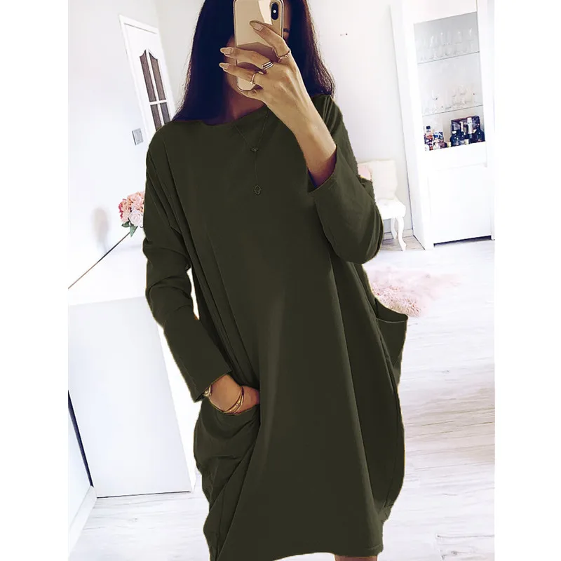 

Leosoxs 2020 New Fashion Women's Autumn Winter Long Sleeved Midi Dress Ladies Casual Loose Solid O Neck Pocket Dresses Vestidos