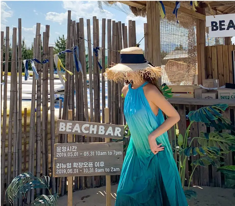 

Женское пляжное свободное платье, длинное плиссированное платье без рукавов, с градиентным принтом, большого размера, лето