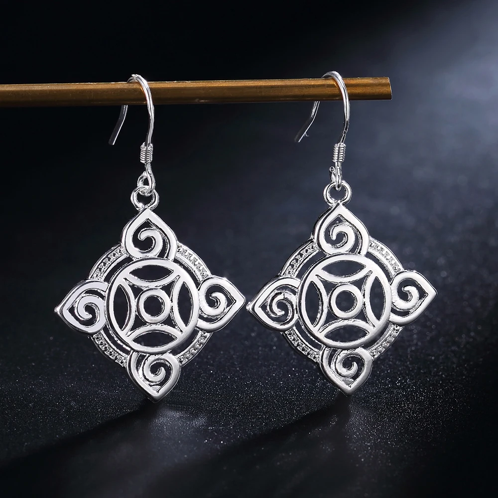 

Hot sale high quality 925 Sterling Silver Exquisite Carved square Earrings Women party Jewelry fashion Christmas Gifts