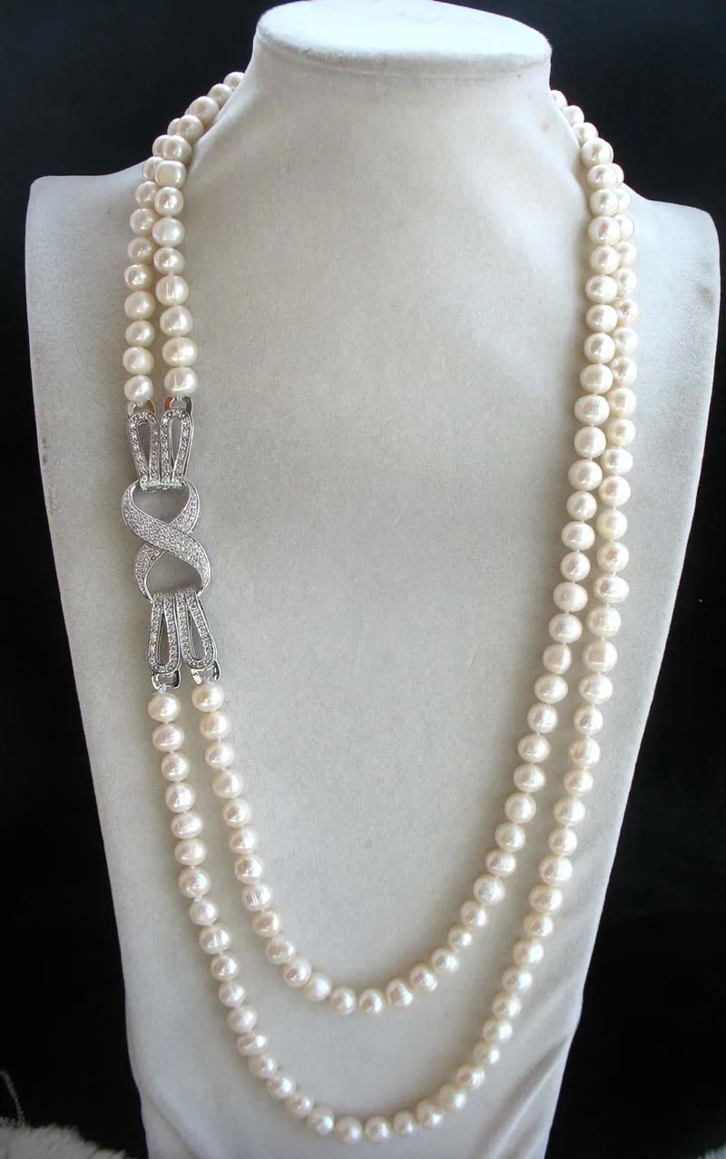 

2rows freshwater pearl white near round 7-8mm necklace 23-25inch FPPJ wholesale beads nature