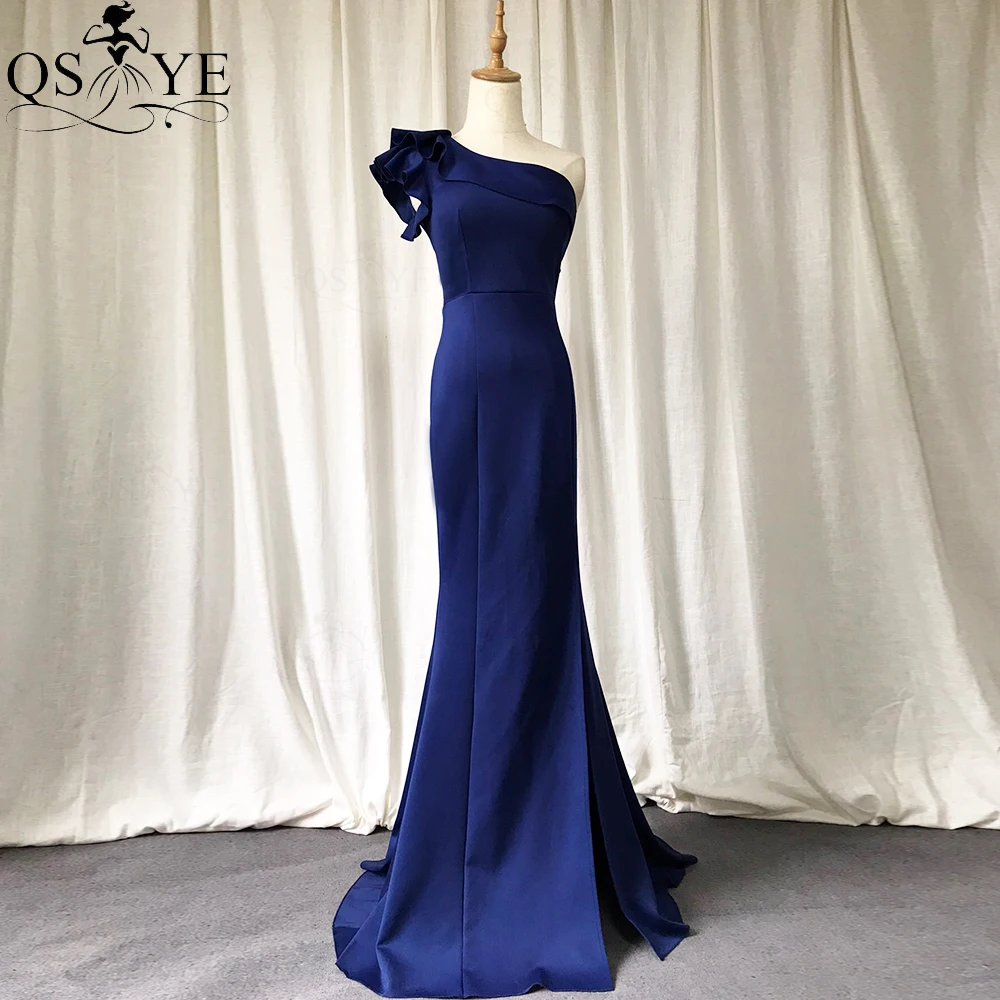 

Navy Evening Dresses Long One Shoulder Mermaid Formal Gown with Split Shoulder Ruffles Prom Dress Stretch Fitted Party Dress