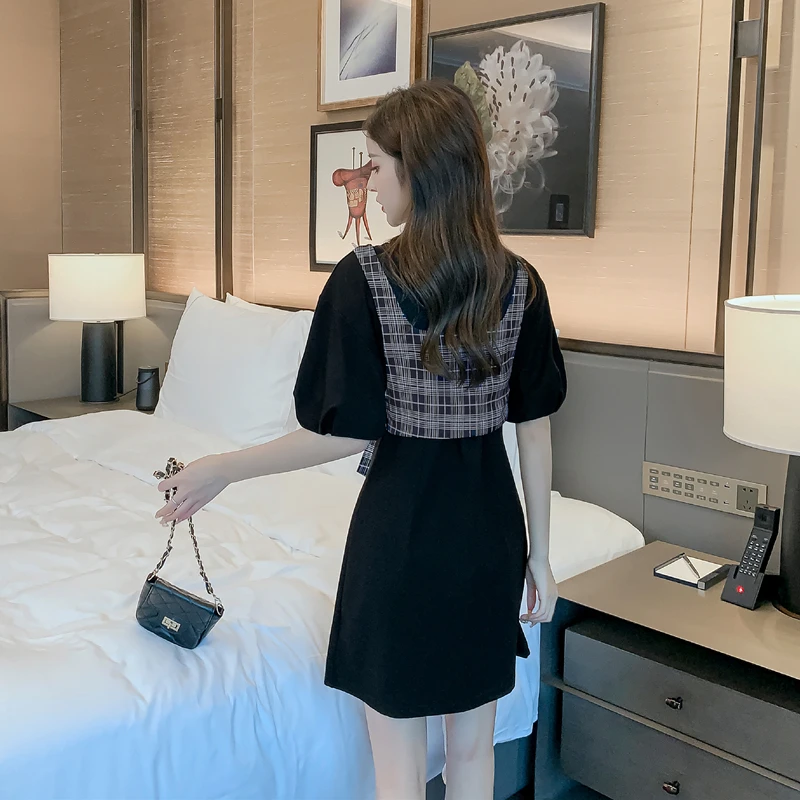 

COIGARSAM 3XL Plus Size Preppy Style Short Sleeve Women dress New Summer Bow Dresses Black 6320