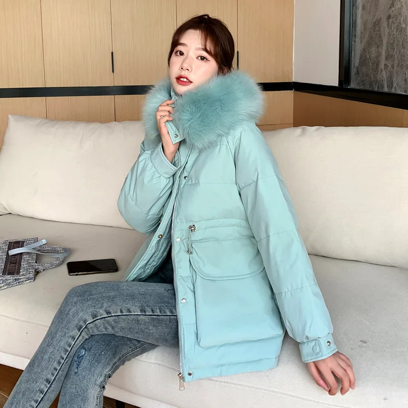 Winter Coat Clothing for Women  The New Thin Drawstring Thicken Hooded Big Fur Collar Ladies Cotton